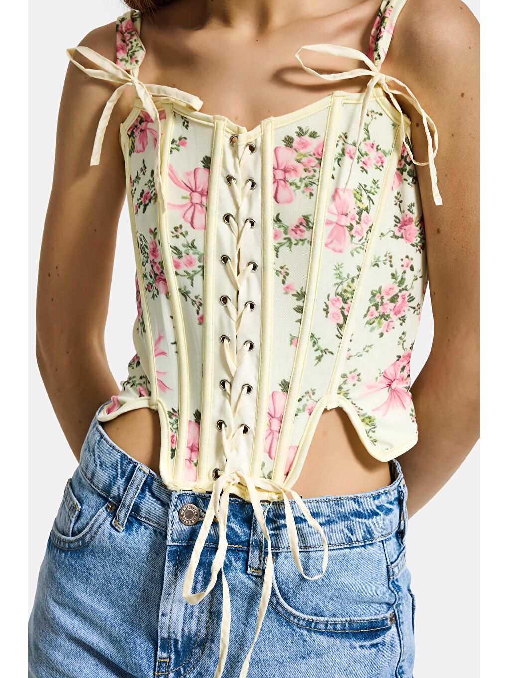 Kadın Sarı Çiçekli w5 Balenli Kuş Gözü Detaylı Özel Desen Tasarım Askılı Büstiyer