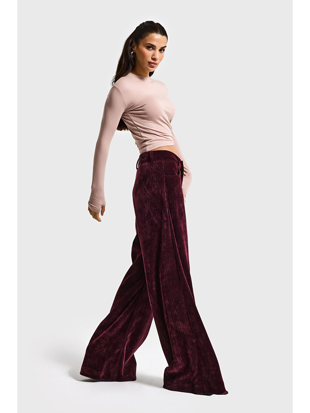 Kadın Bordo w5-35 Palazzo Fit Velvet Kadife Kumaş Pantolon-4