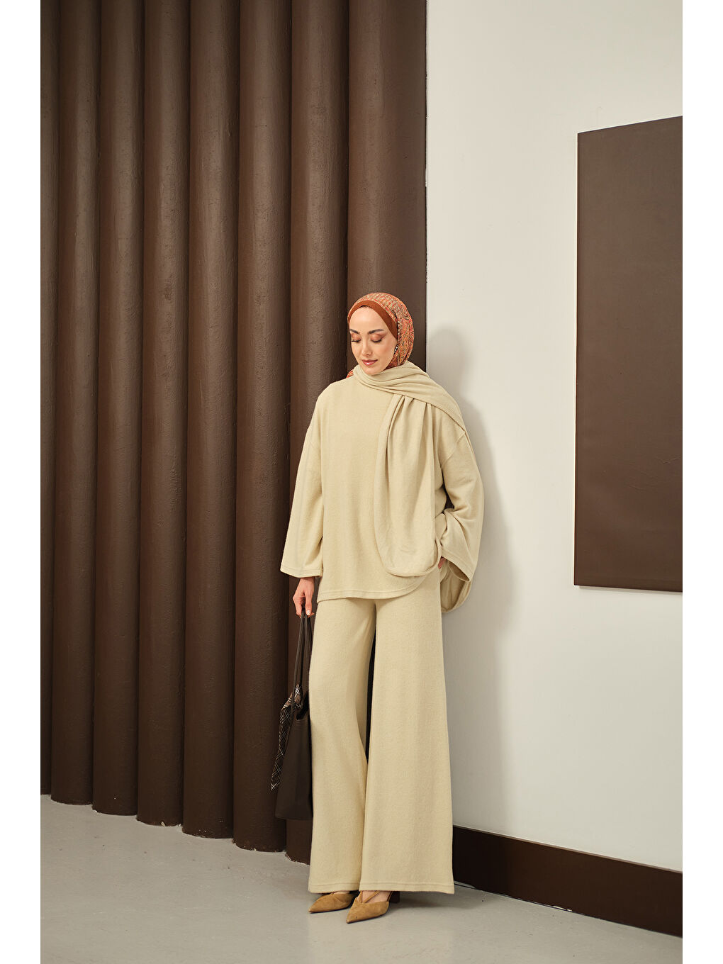 Ekru Kadın Atkı Detay İkili Takım Krem-1