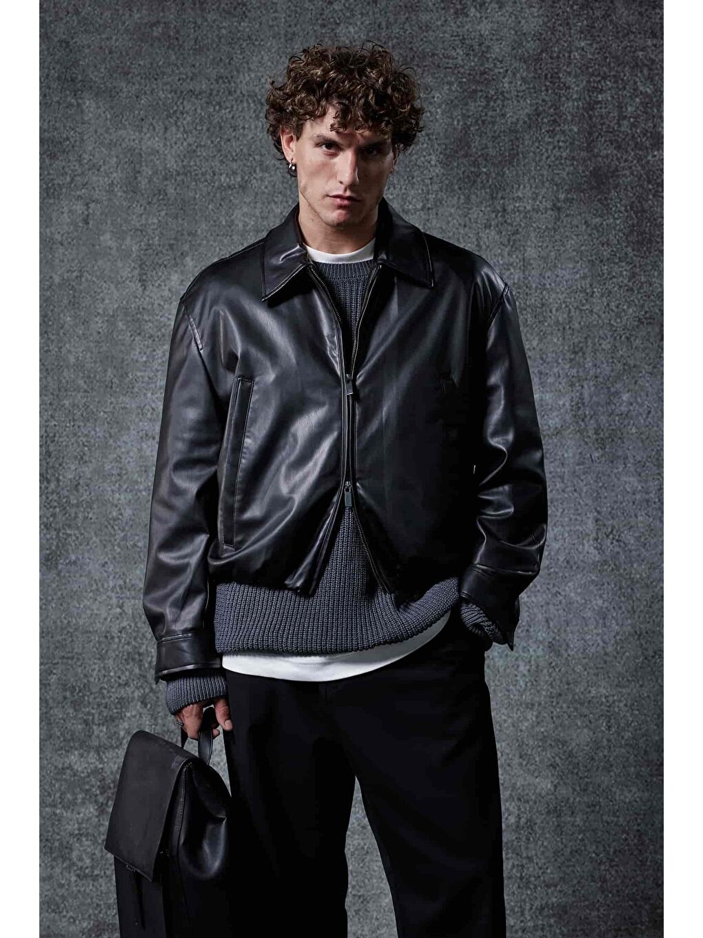 Erkek Oversize Fermuarlı Basic Deri Ceket Siyah-2