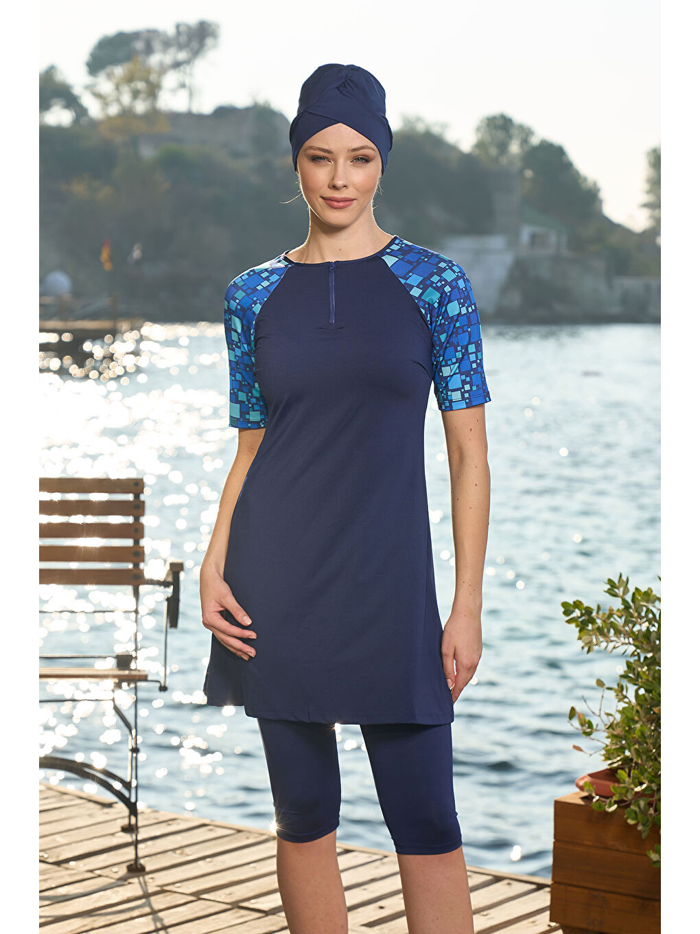 Kısa Kollu Yarı Kapalı Mayo 24826 Lacivert-1