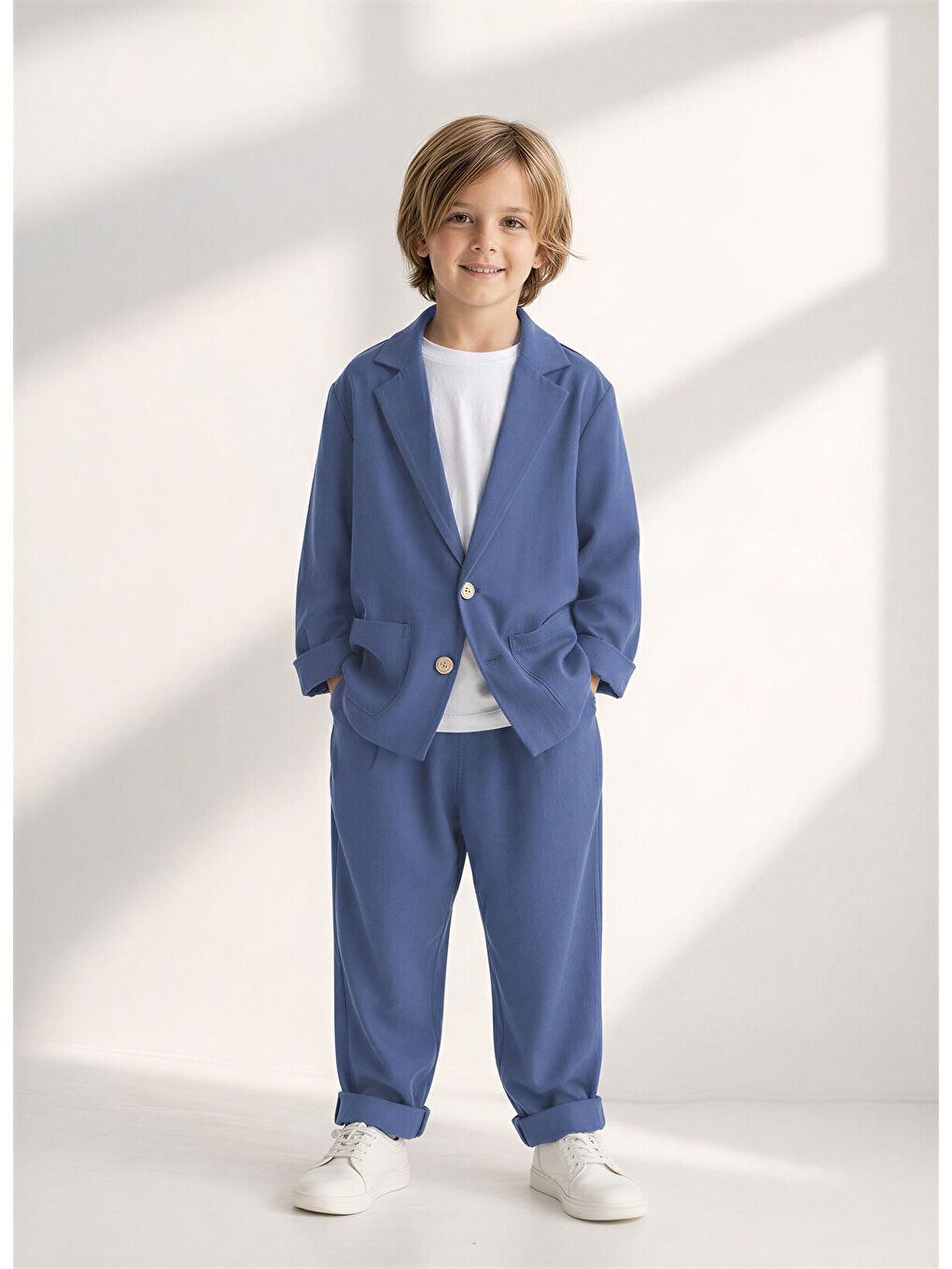 Mavi Dokuma Yumuşak Modal Rahat Ceket Pantolon Takım-4