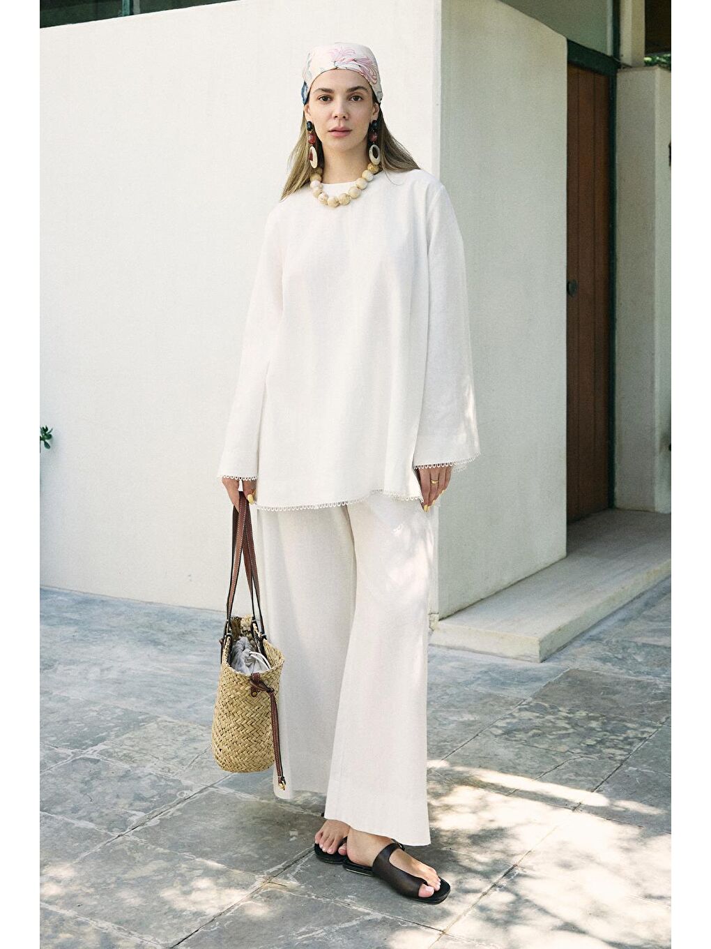 Faye Fistolu Keten Bluz Pantolon Takım Ekru