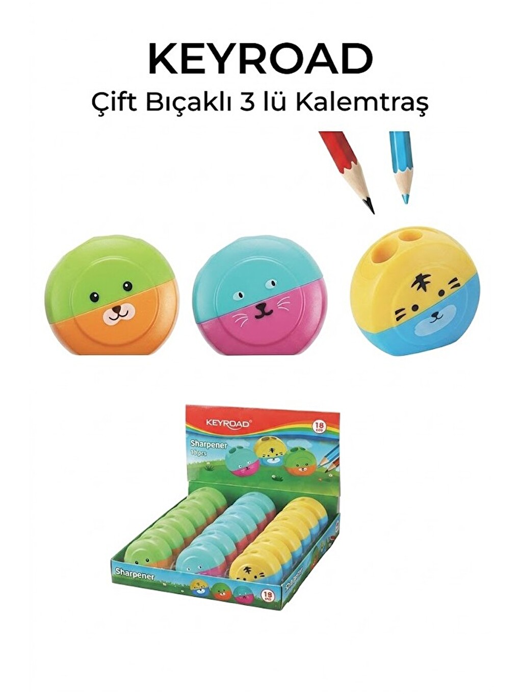Renkli Sevimli Kalemtraş Keyroad Kr-971839 3 Adet Hazneli Çift Bıçaklı Kalem Açacağı Plastik Kalemtı-2