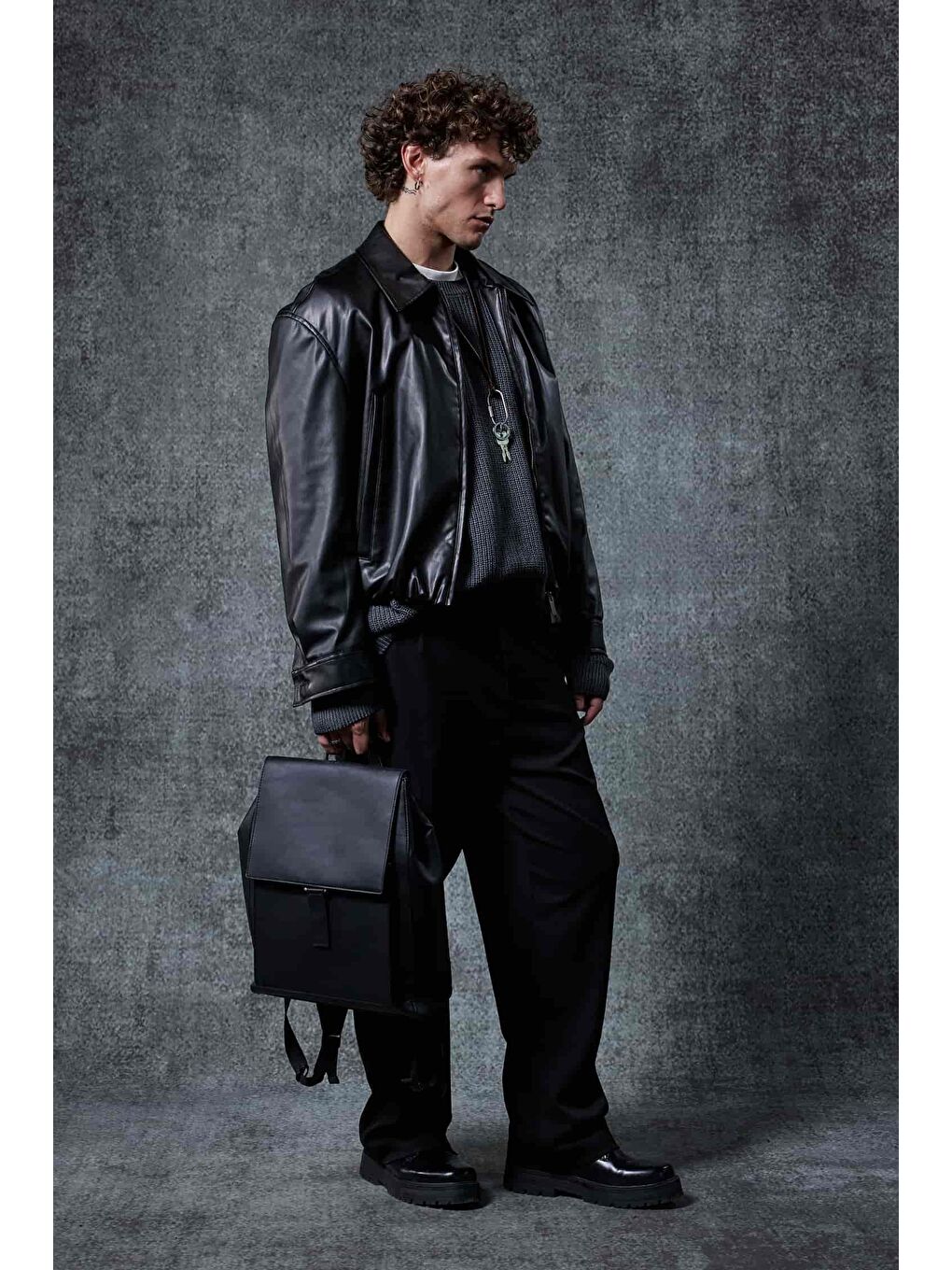 Erkek Oversize Fermuarlı Basic Deri Ceket Siyah-3