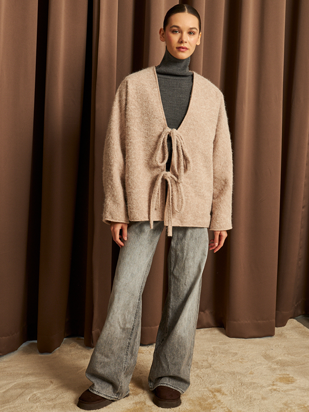 Ekru Kadın Krem Bağcık Detaylı İthal Kaşe Ceket