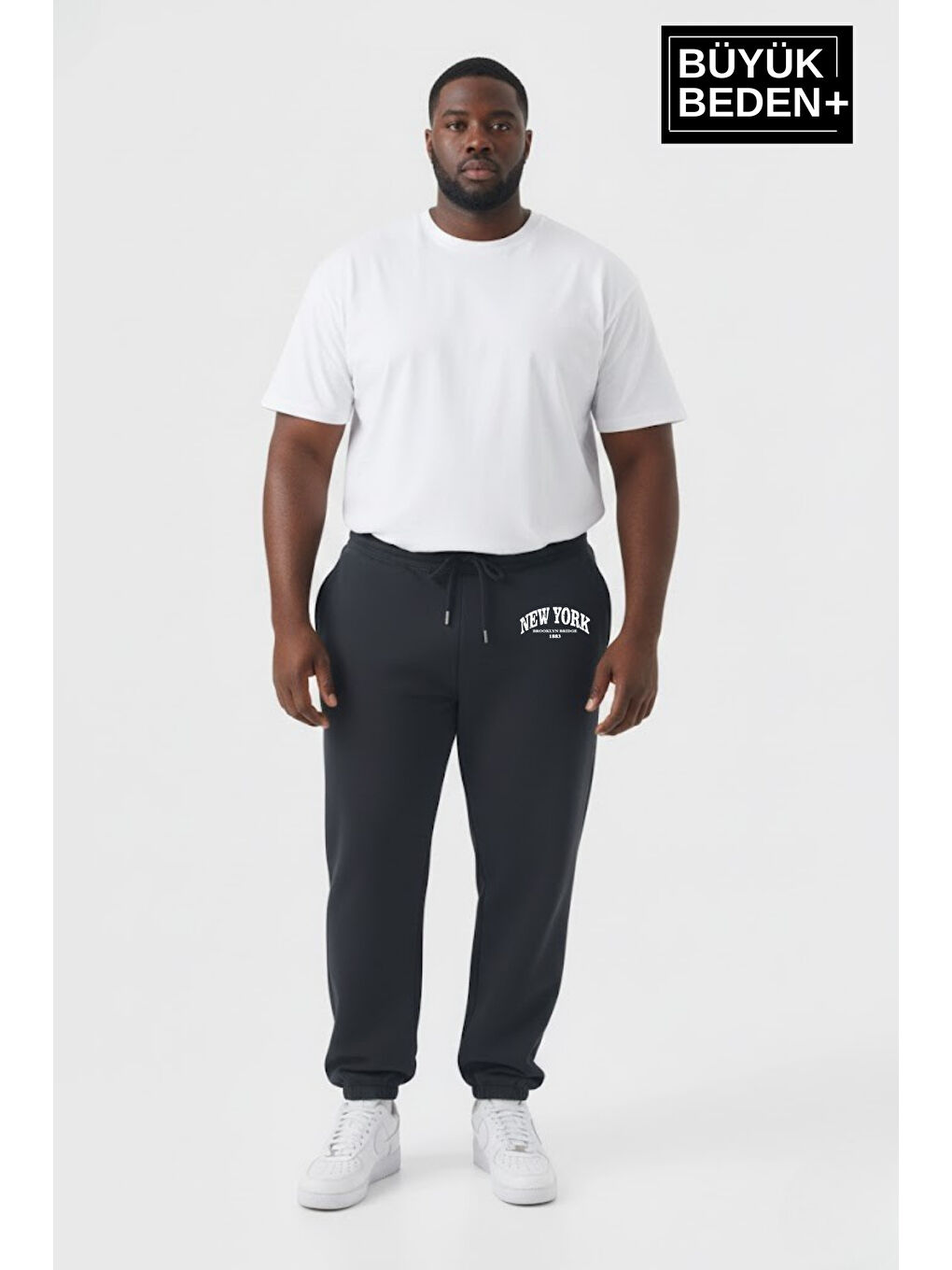 Gri Erkek Büyük Beden New York Baskılı Paça Lastikli Rahat Kesim Jogger İnce Eşofman Altı SPR26BEA951-5