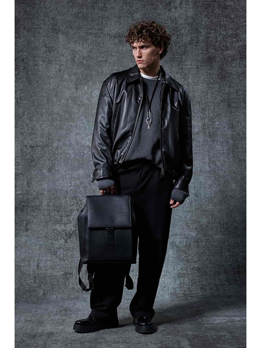 Erkek Oversize Fermuarlı Basic Deri Ceket Siyah-4