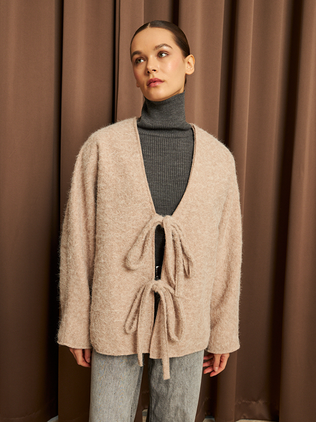 Ekru Kadın Krem Bağcık Detaylı İthal Kaşe Ceket-1