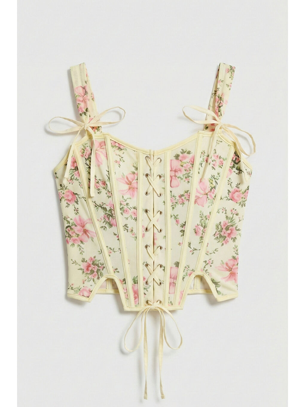 Kadın Sarı Çiçekli w5 Balenli Kuş Gözü Detaylı Özel Desen Tasarım Askılı Büstiyer-1