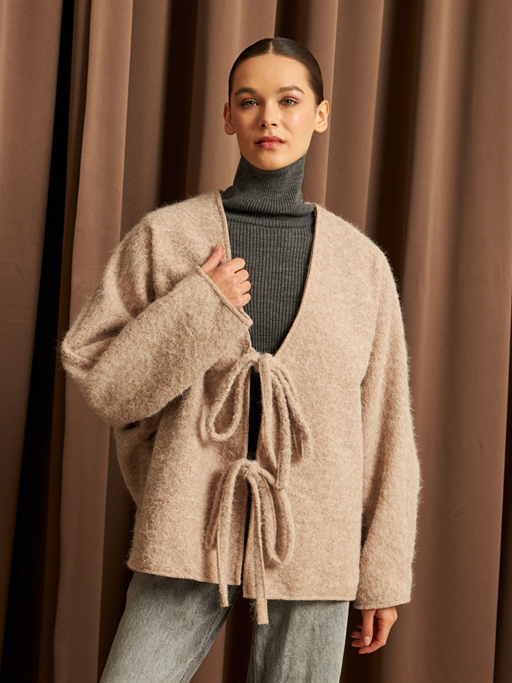 Ekru Kadın Krem Bağcık Detaylı İthal Kaşe Ceket-2