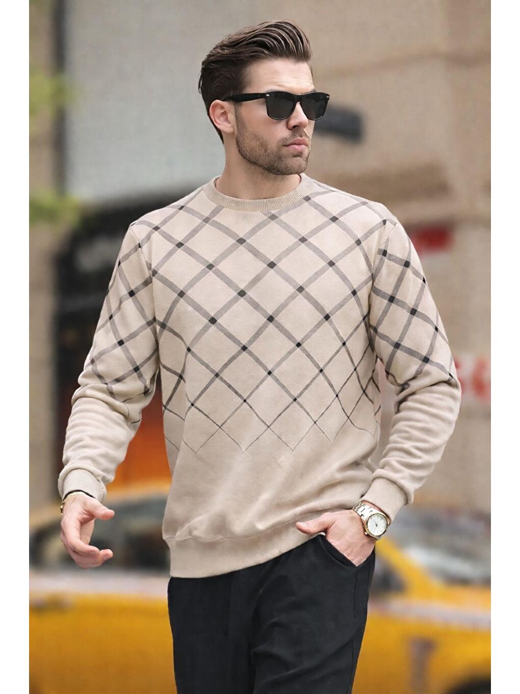 Bej Desenli Bisiklet Yaka Triko Kazak 6019-1