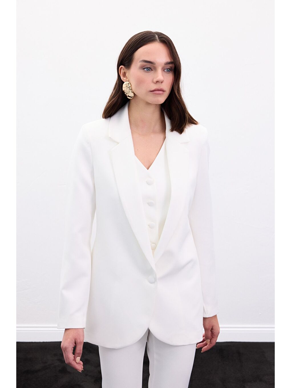 Düğmeli Klasik Ceket - Ekru-2