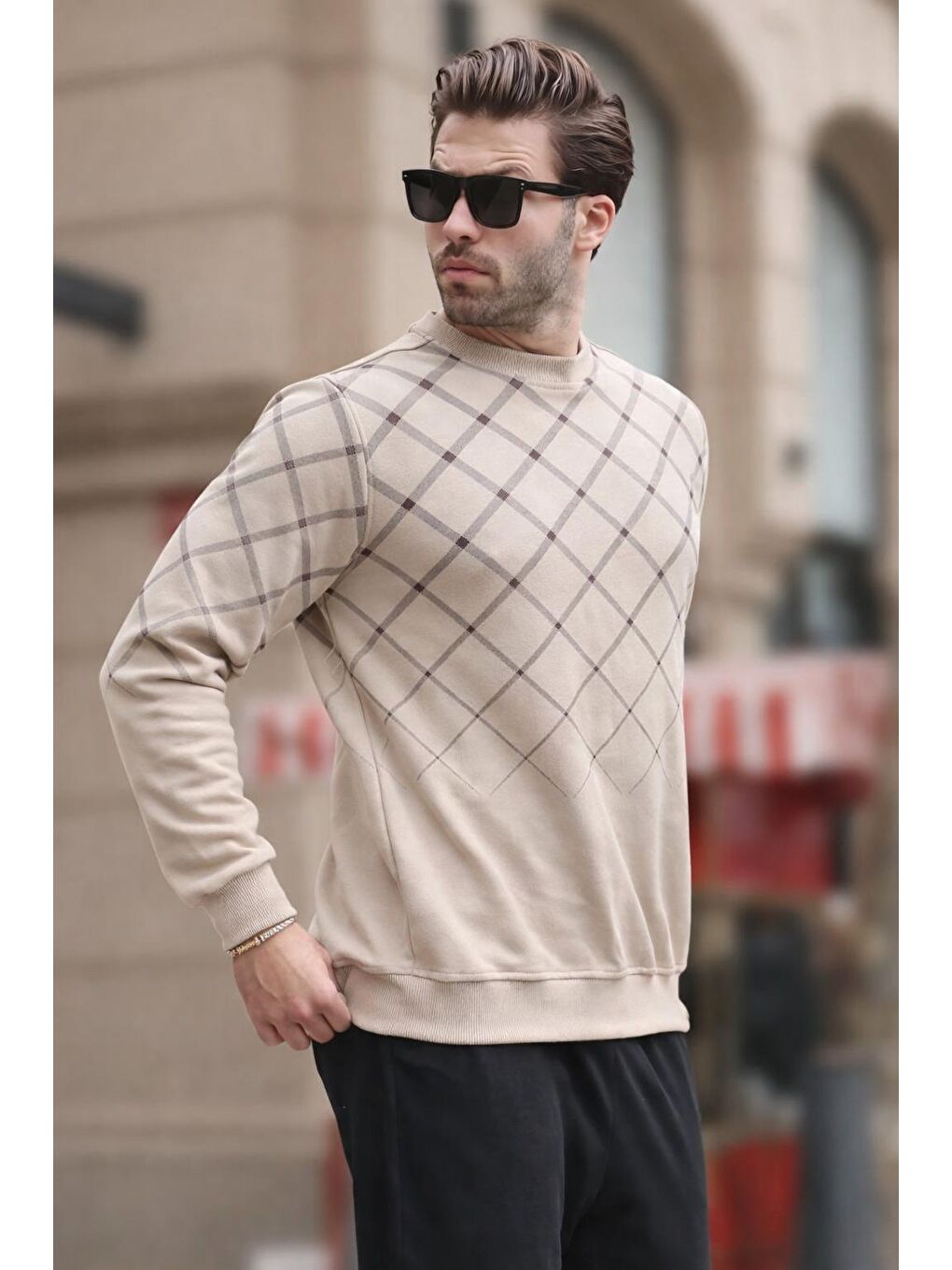 Bej Desenli Bisiklet Yaka Triko Kazak 6019-2