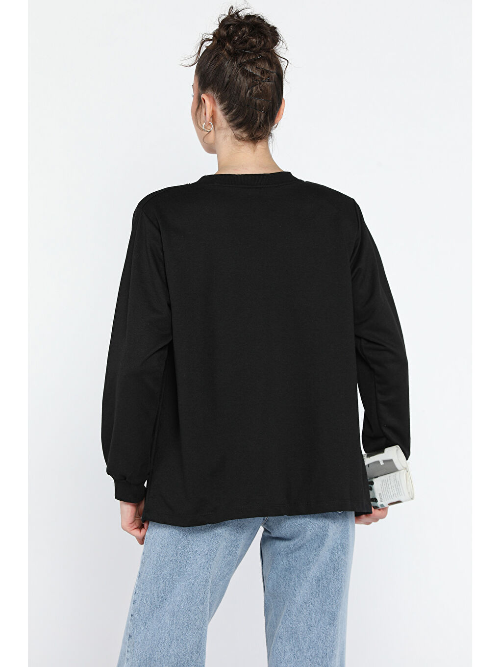 Siyah Kadın Bisiklet Yaka Aksesuar Detaylı Bluz-2