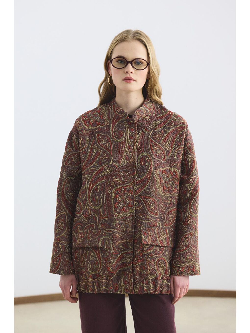 Desenli Jakar Bomber Ceket Kahverengi