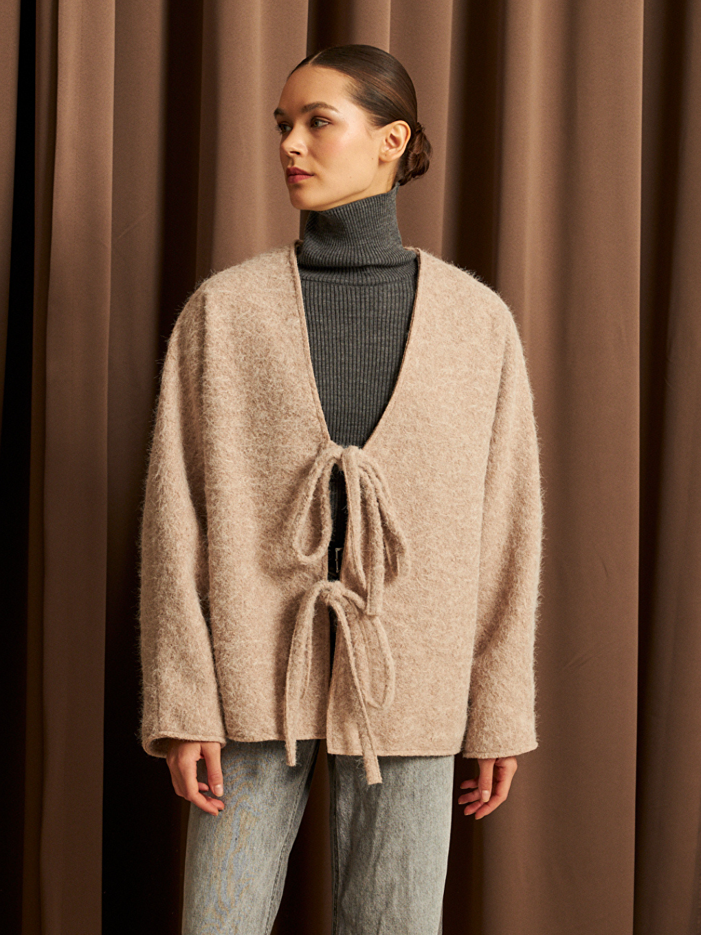 Ekru Kadın Krem Bağcık Detaylı İthal Kaşe Ceket-3