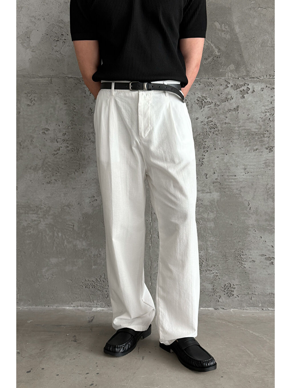 Beyaz Erkek Baggy Fit Gabardin Kumaş Pantolon