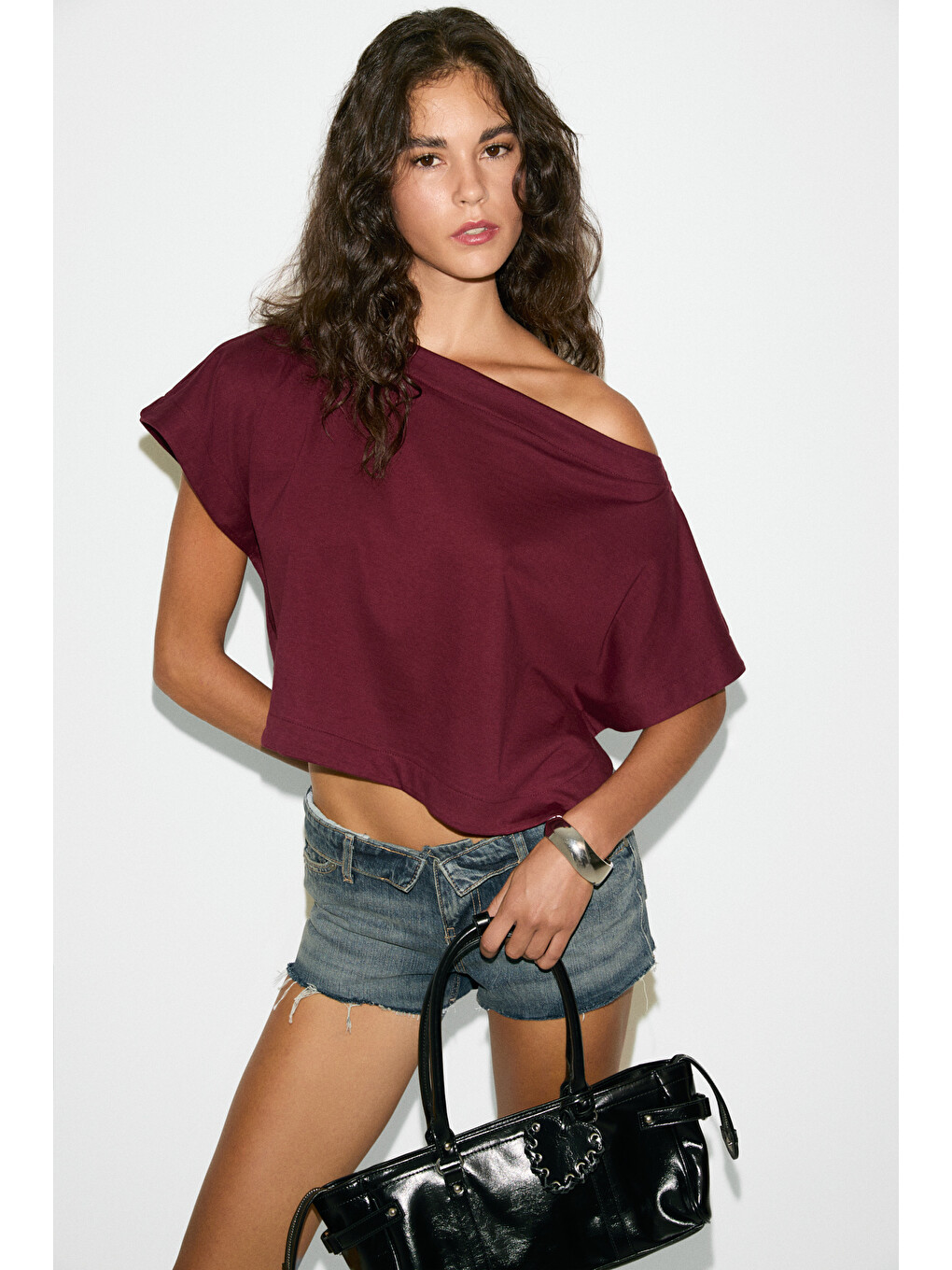Iberıs Kadın %100 Organik Pamuklu Kayık Yakalı Rahat Kalıp Bordo T-shirt-2