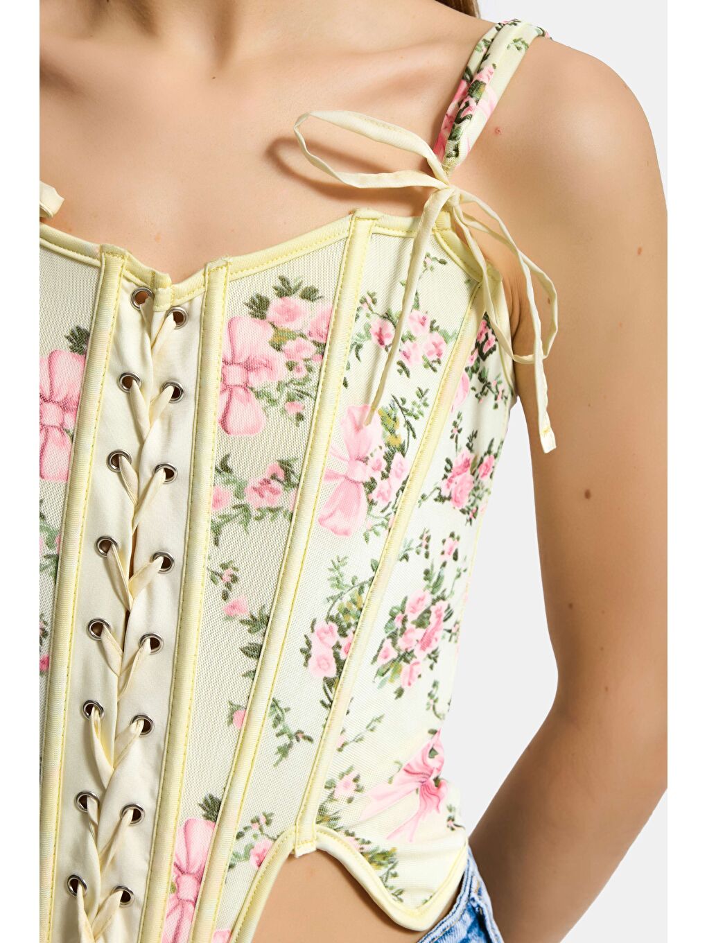 Kadın Sarı Çiçekli w5 Balenli Kuş Gözü Detaylı Özel Desen Tasarım Askılı Büstiyer-2