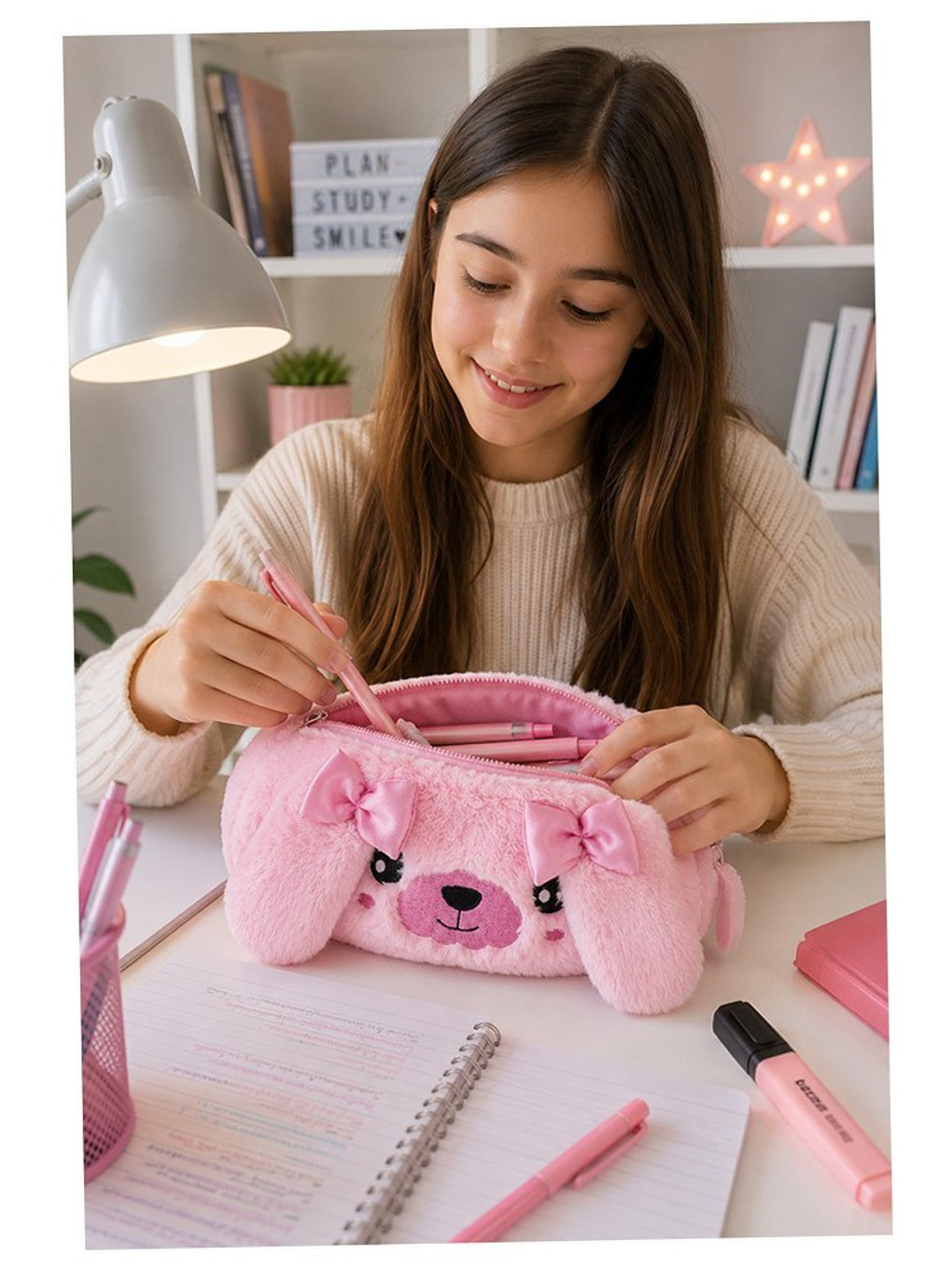 Pembe Pelüş Tatlı Köpek Fermuarlı Tek Bölmeli Kız Kalemlik 1 Adet Tek Bölmeli Kalemlik Organizer 221-1