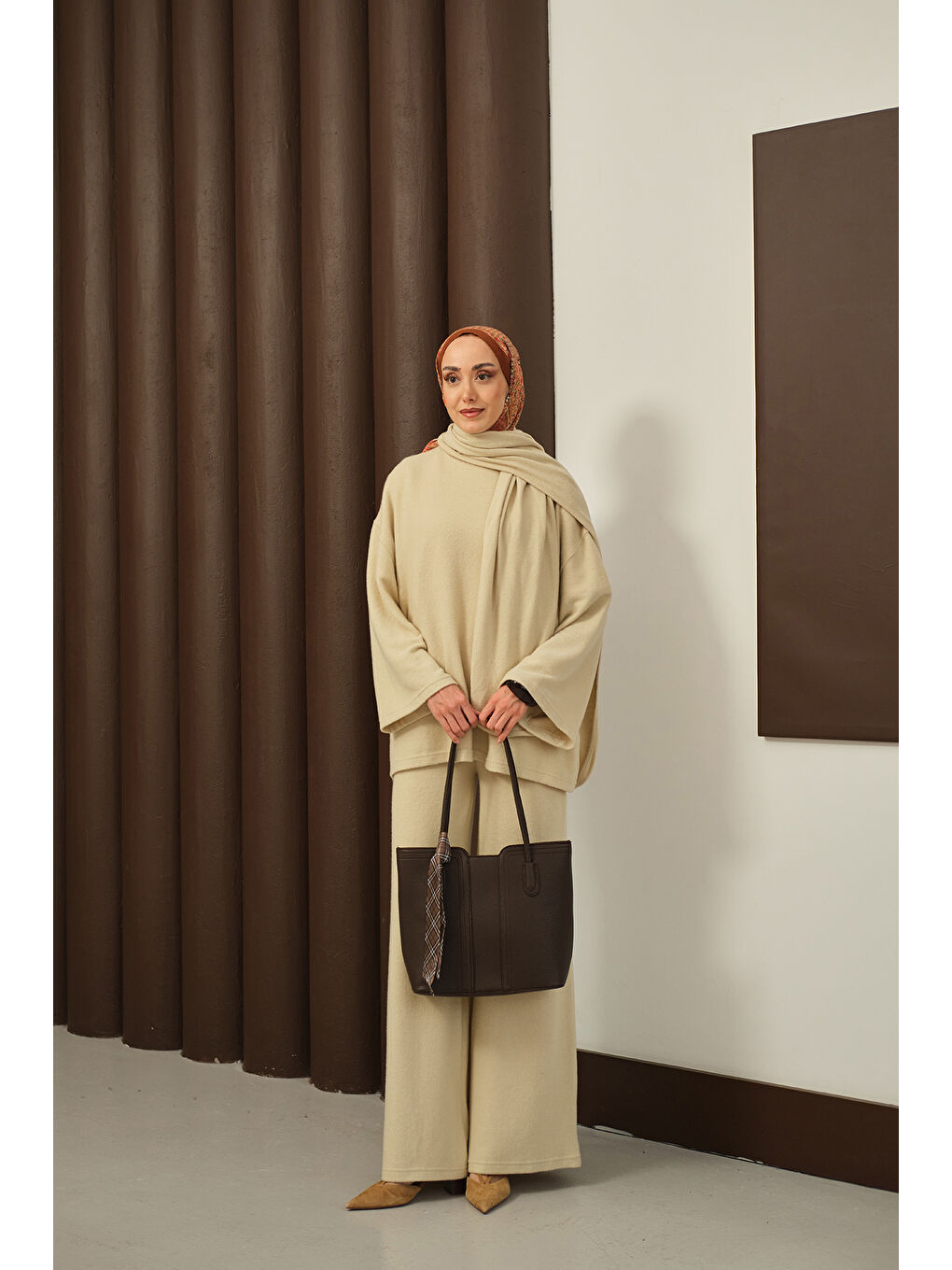 Ekru Kadın Atkı Detay İkili Takım Krem-4