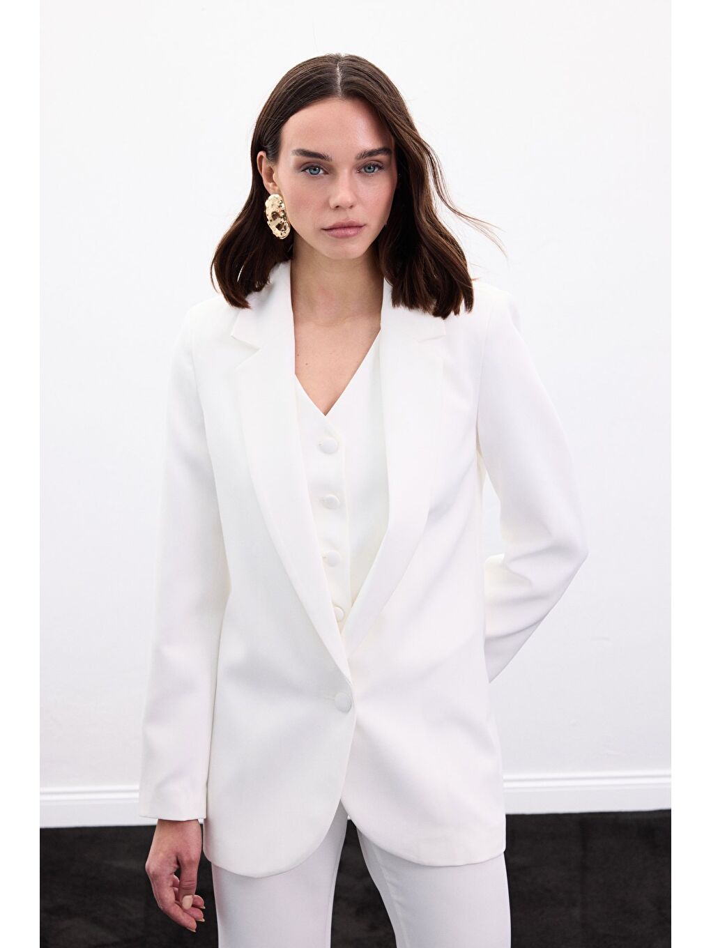 Düğmeli Klasik Ceket - Ekru-3