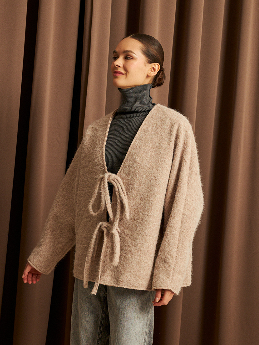 Ekru Kadın Krem Bağcık Detaylı İthal Kaşe Ceket-4