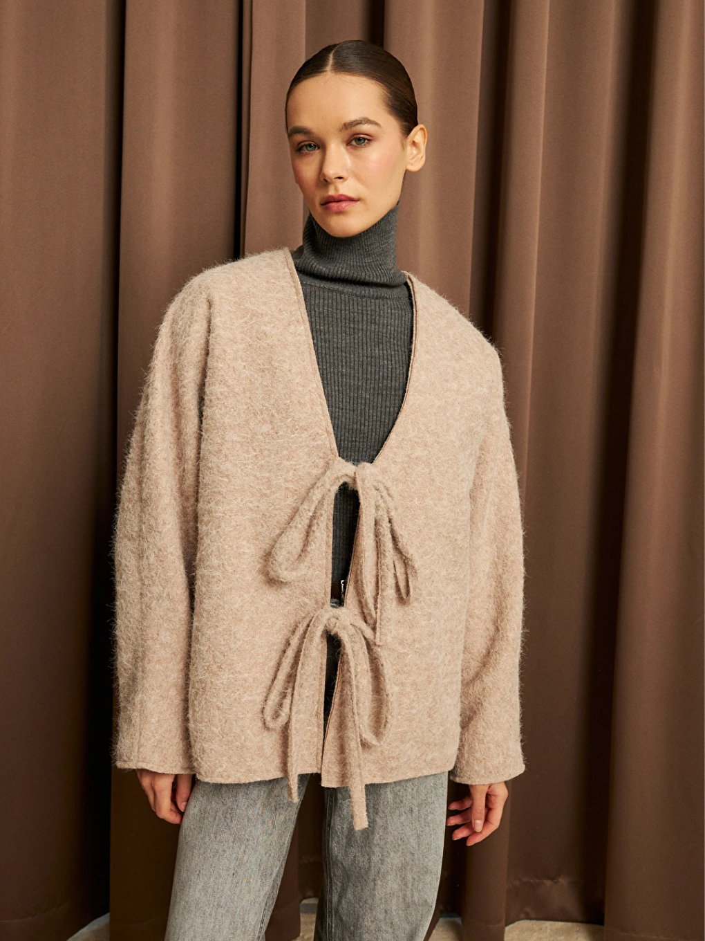 Ekru Kadın Krem Bağcık Detaylı İthal Kaşe Ceket-5