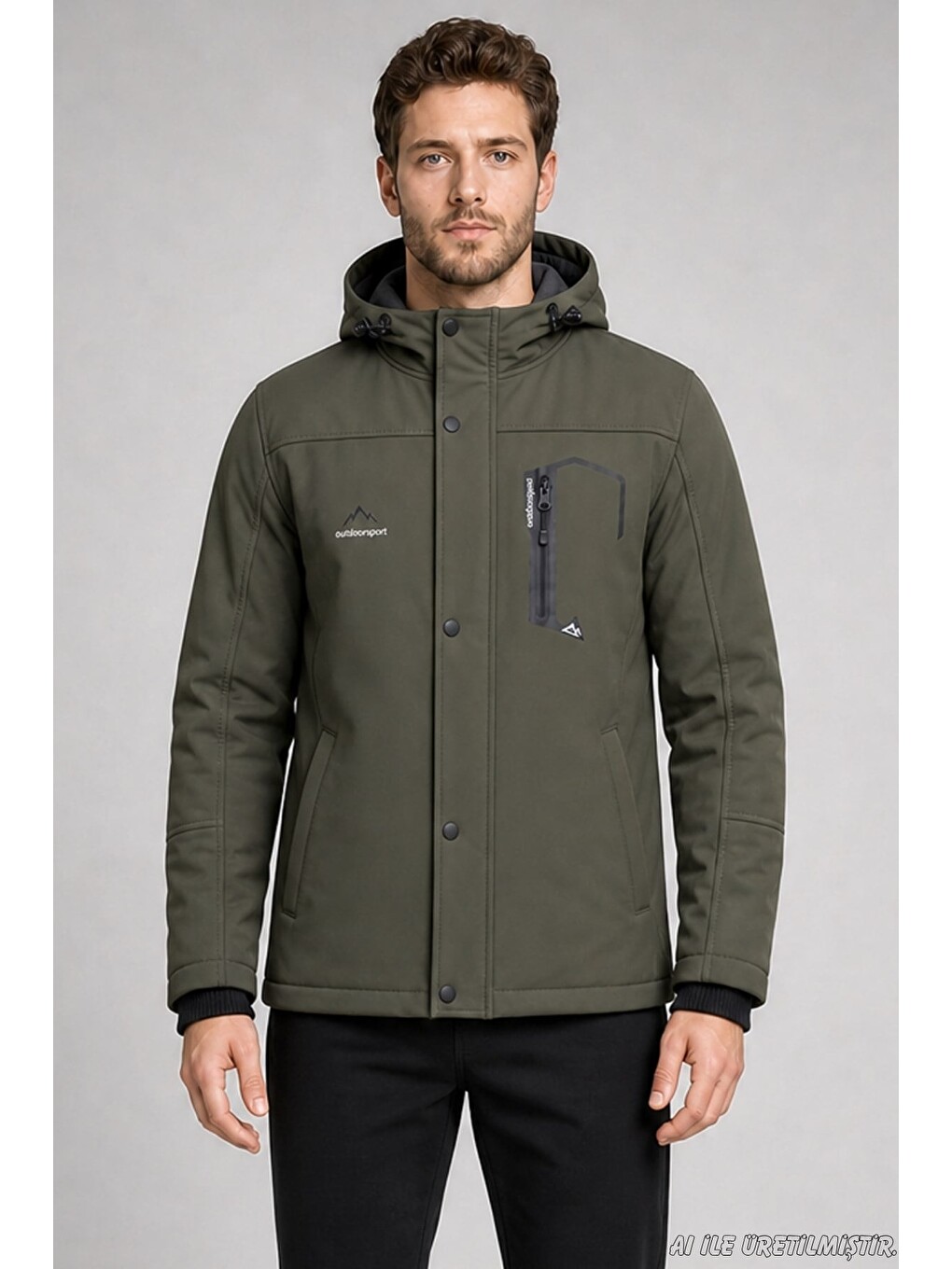 Haki Erkek Kapüşonlu İçi Kürklü Su Ve Rüzgar Geçirmez Outdoor Softshell Mont