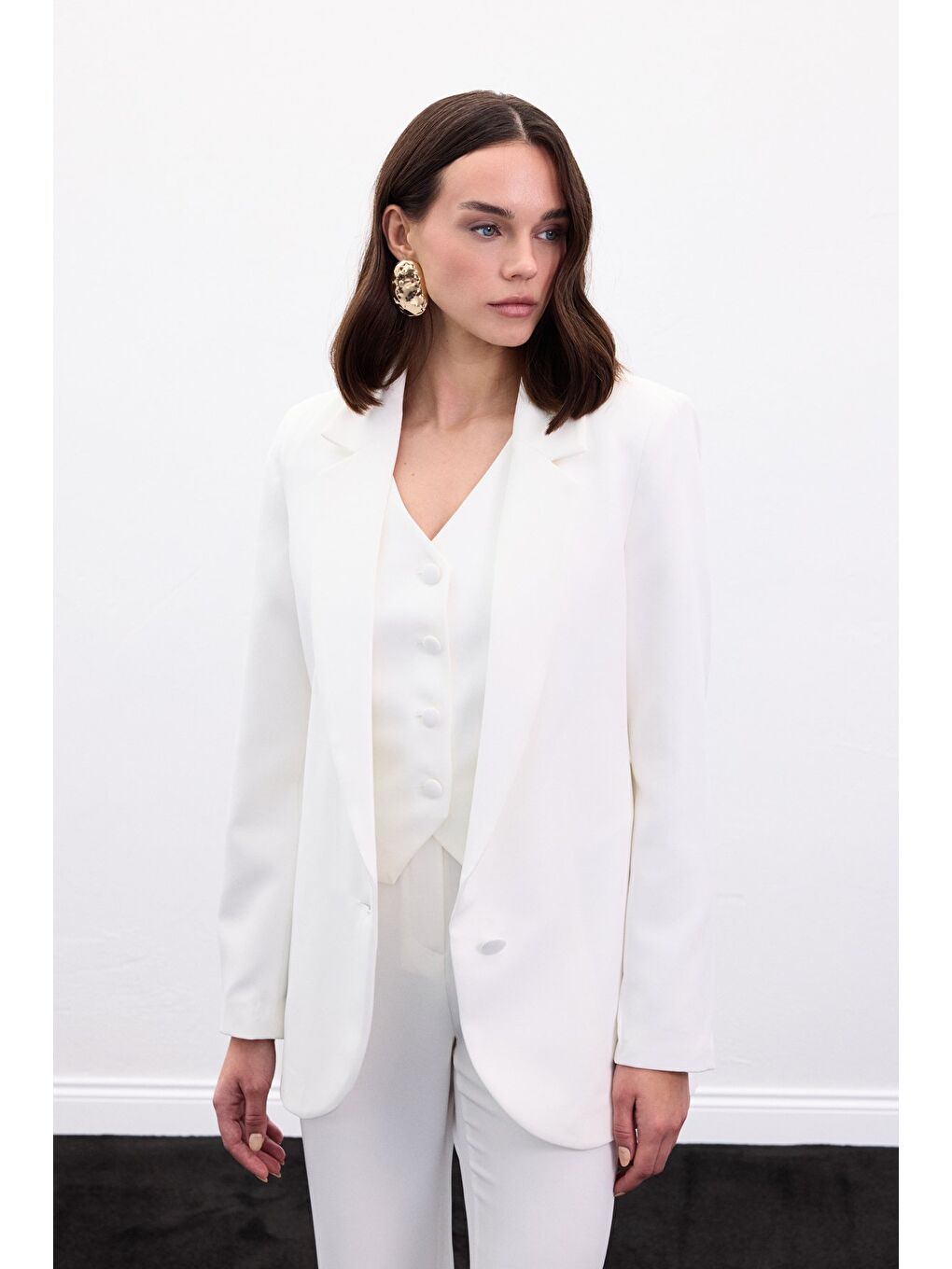 Düğmeli Klasik Ceket - Ekru-4