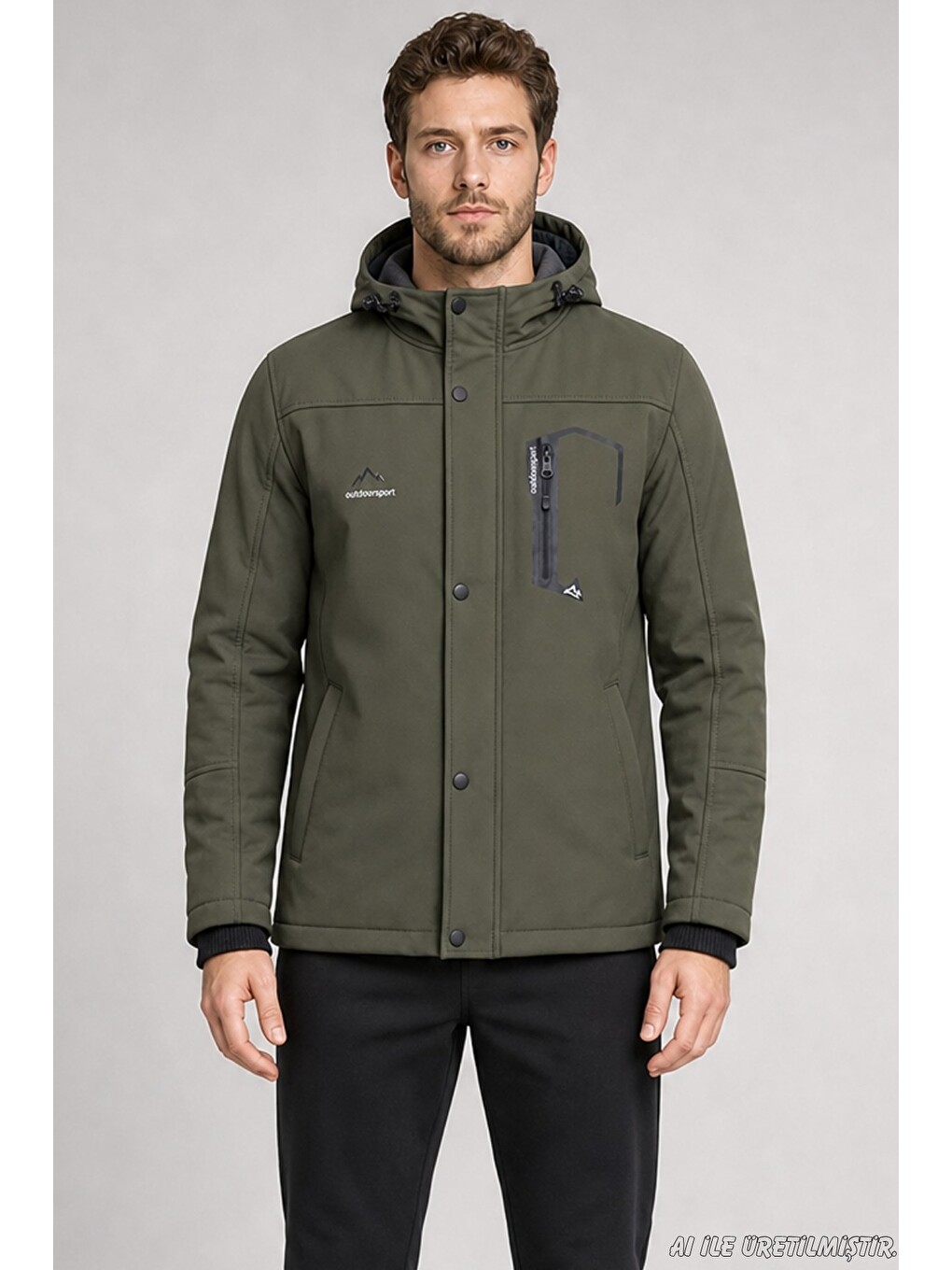 Haki Erkek Kapüşonlu İçi Kürklü Su Ve Rüzgar Geçirmez Outdoor Softshell Mont-1