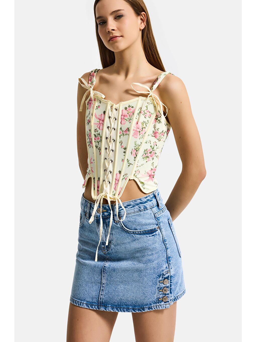 Kadın Sarı Çiçekli w5 Balenli Kuş Gözü Detaylı Özel Desen Tasarım Askılı Büstiyer-3