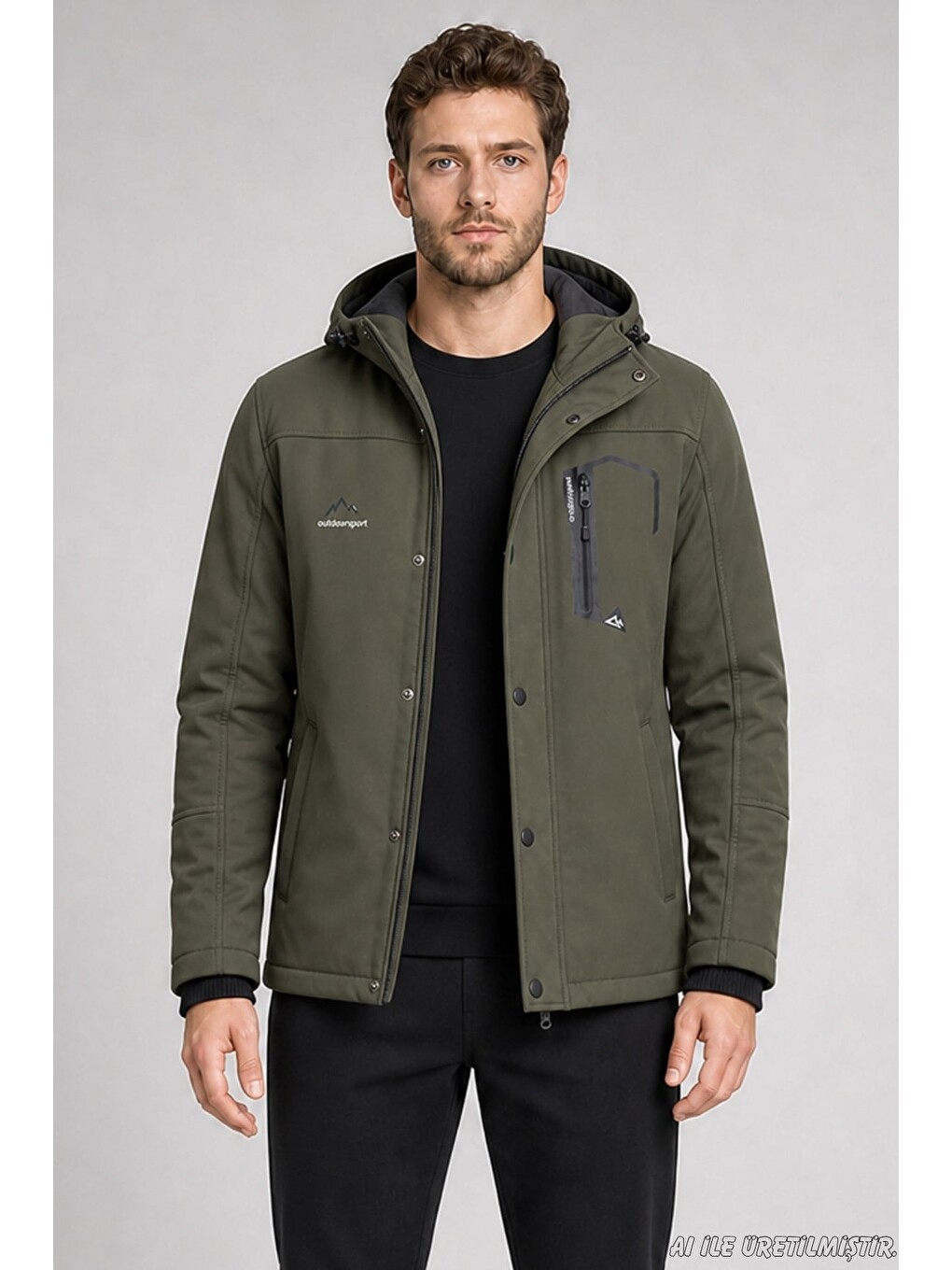 Haki Erkek Kapüşonlu İçi Kürklü Su Ve Rüzgar Geçirmez Outdoor Softshell Mont-2