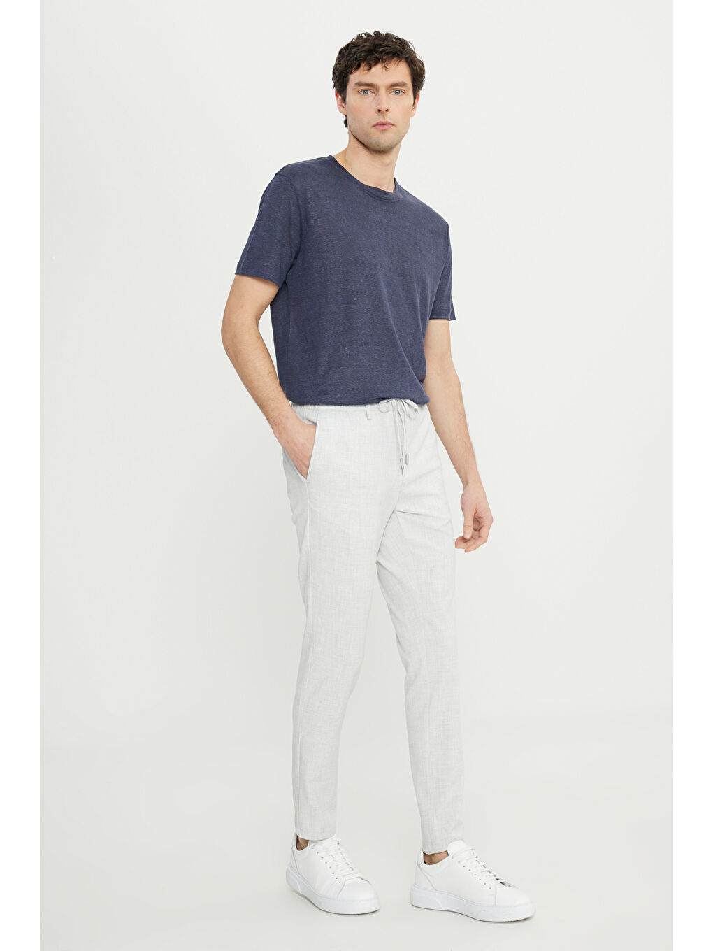 Bej Erkek Taş Slim Fit Dar Kesim Beli Bağlamalı Yan Cepli Esnek Pantolon-1