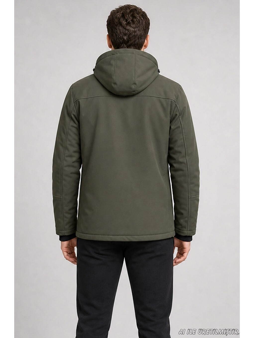 Haki Erkek Kapüşonlu İçi Kürklü Su Ve Rüzgar Geçirmez Outdoor Softshell Mont-3