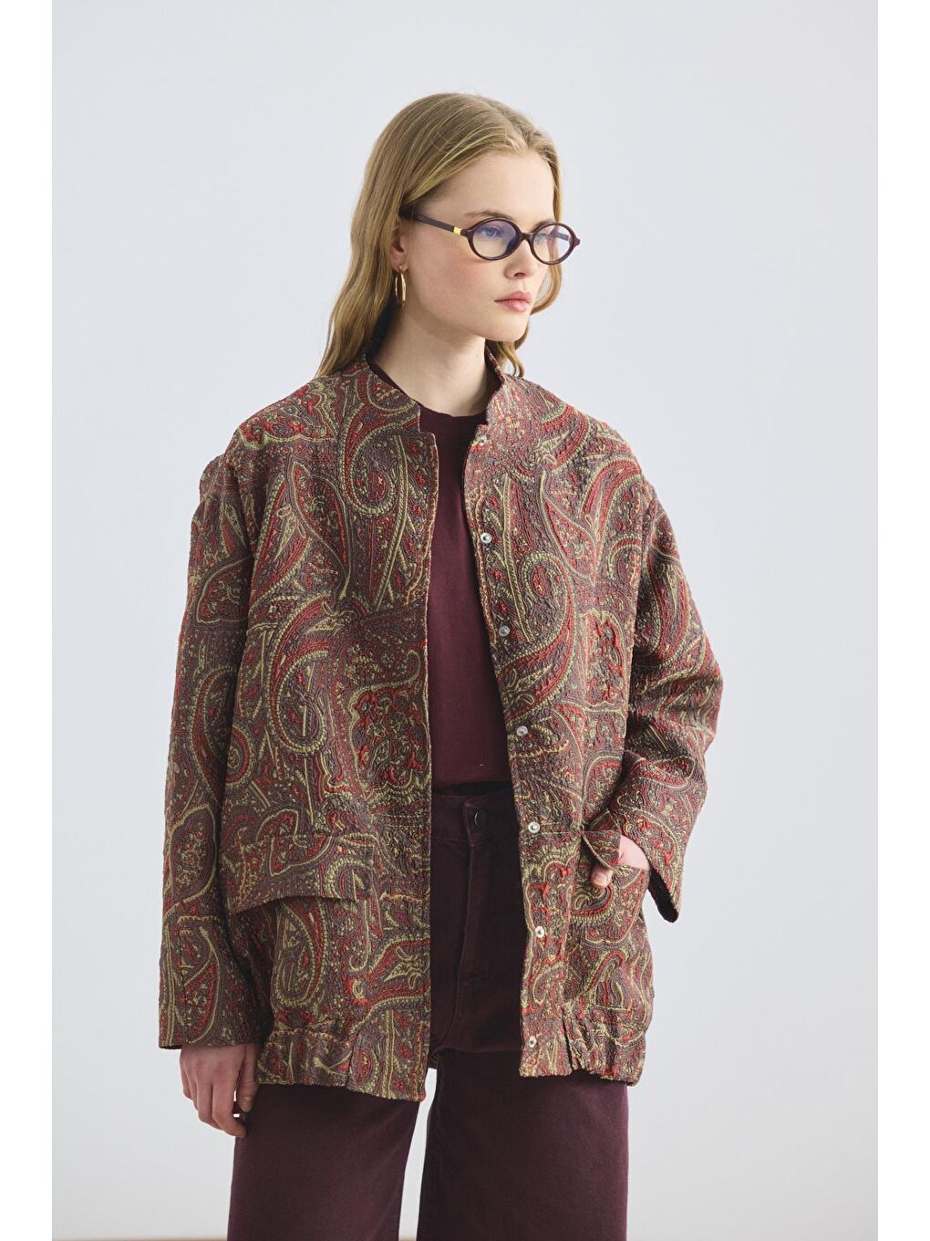 Desenli Jakar Bomber Ceket Kahverengi-2