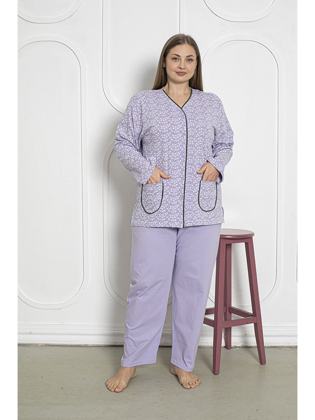 Lila %100 Pamuklu Uzun Kollu Boydan Düğmeli Büyük Beden Kadın Pijama Takımı 206
