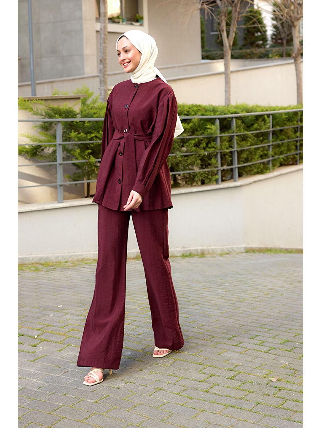 Kadın Pile Detaylı Kuşaklı İkili Takım Bordo