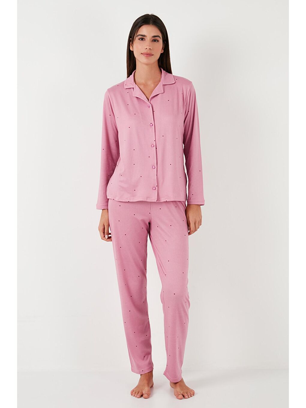 Lela Pudra Pembe Regular Fit Gömlek Yaka Uzun Kollu Pijama Takımı 65750701 - 1