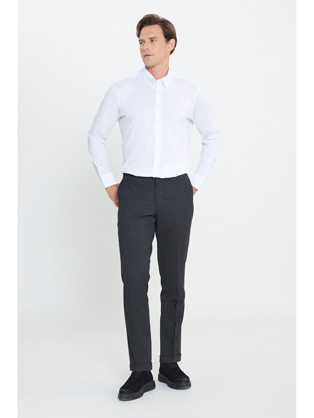 Erkek Antrasit Yünlü Flanel Slim Fit Dar Kesim Beli Gizli Lastikli Yan Cep Klasik Pantolon