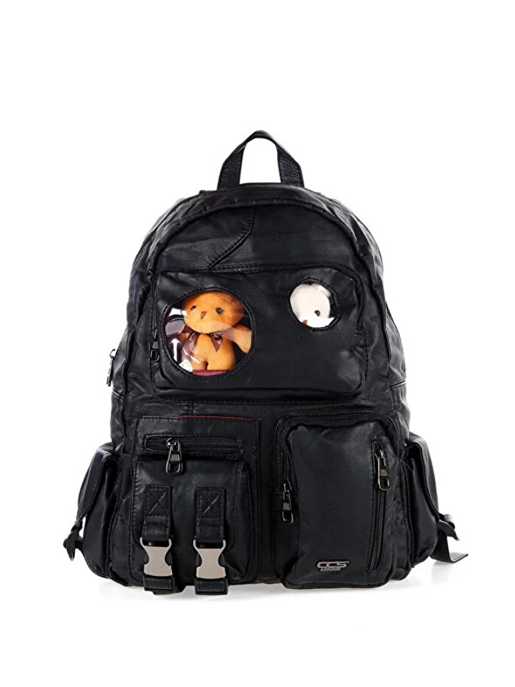 Siyah Çok Gözlü Deri Görünümlü Ayıcıklı Günlük Sırt Çantası 17449