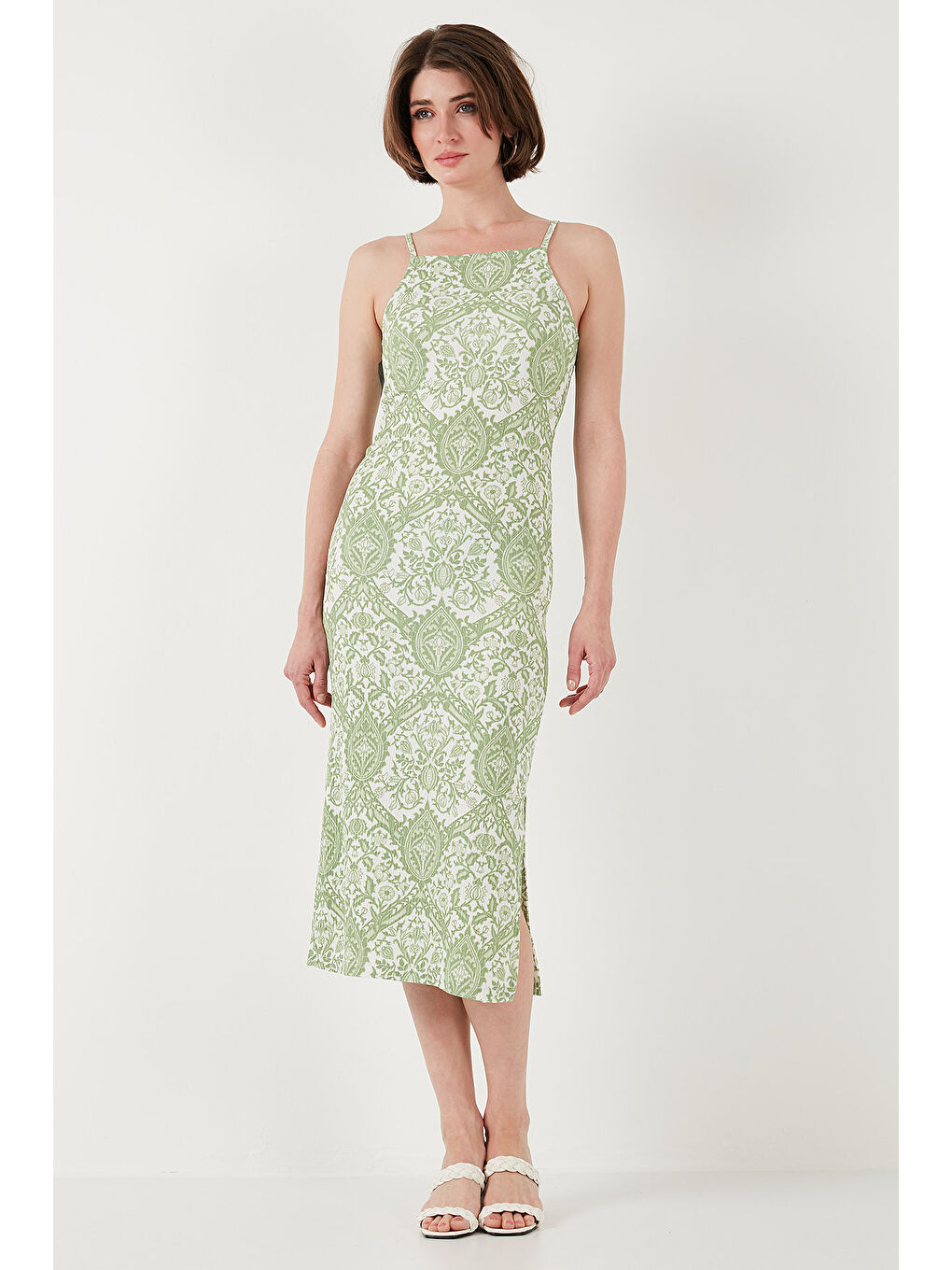 Yeşil İp Askılı Fitted-Vücuda Oturan Yırtmaçlı Midi Kadın Elbise 5865573-2