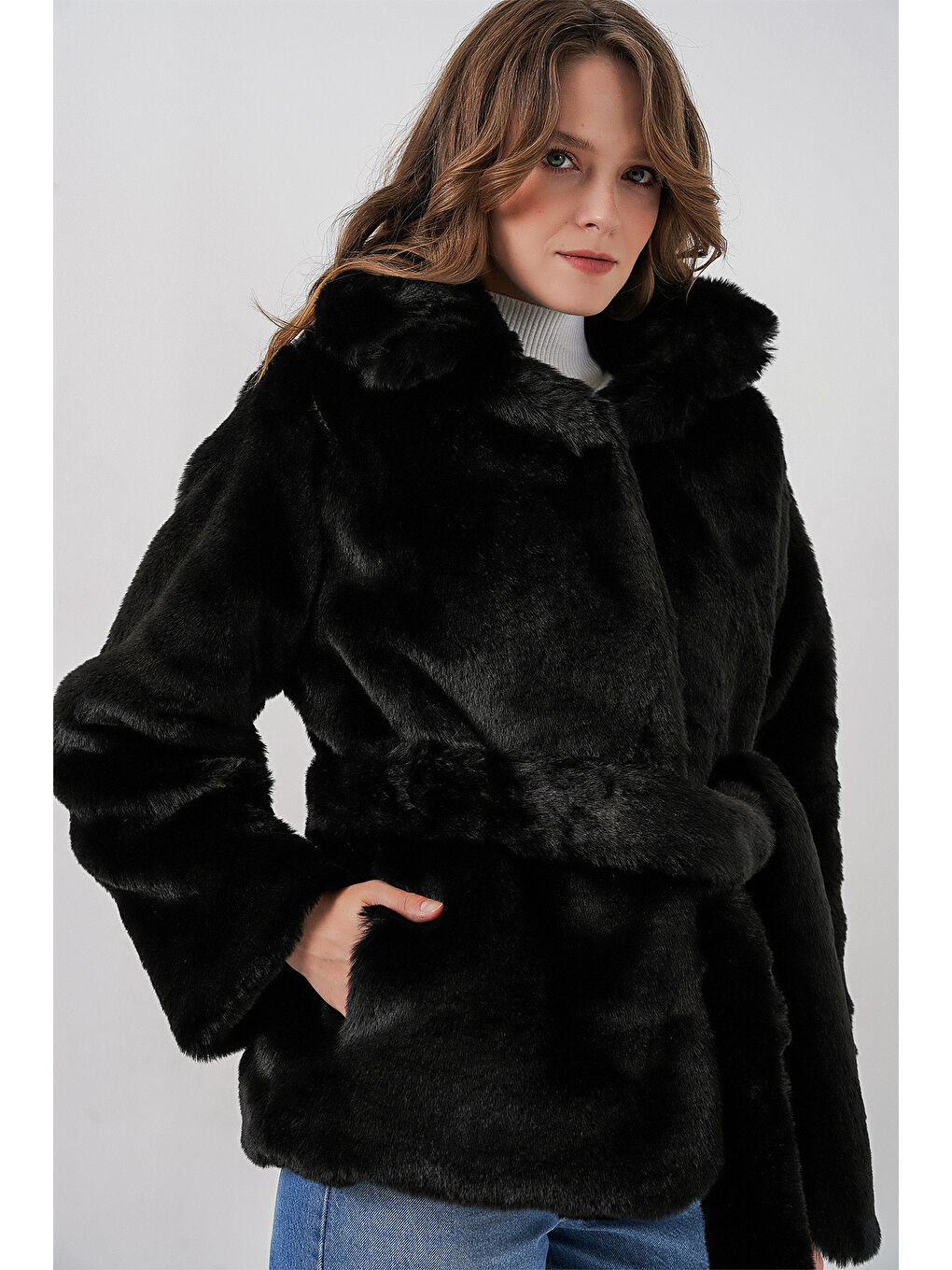 Kadın Pelüş Kürk Mont 5234 - Siyah-2