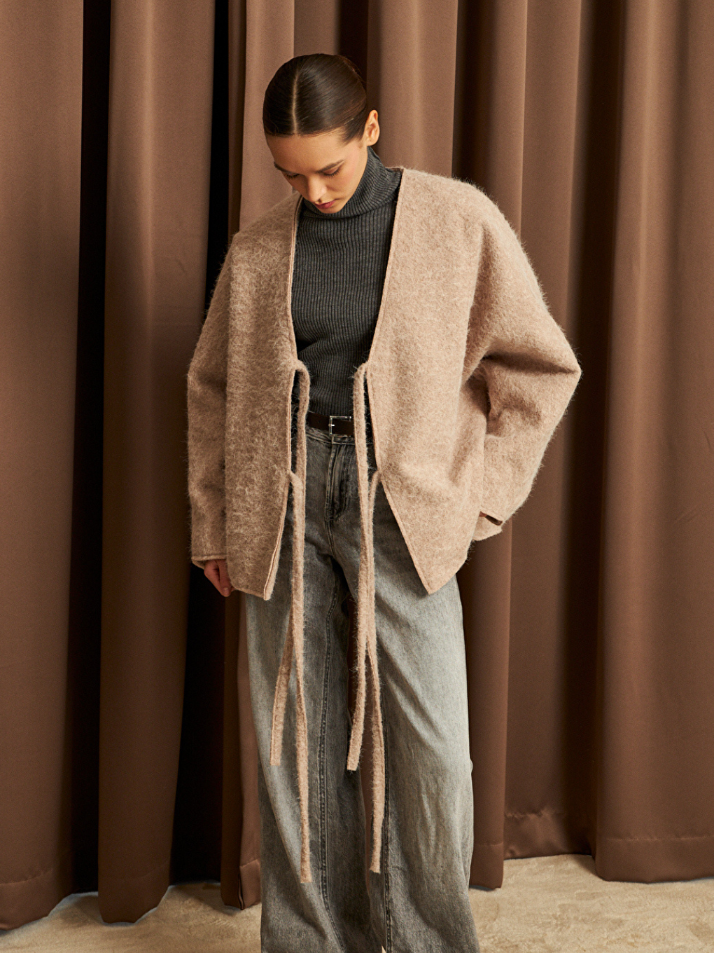 Ekru Kadın Krem Bağcık Detaylı İthal Kaşe Ceket-7