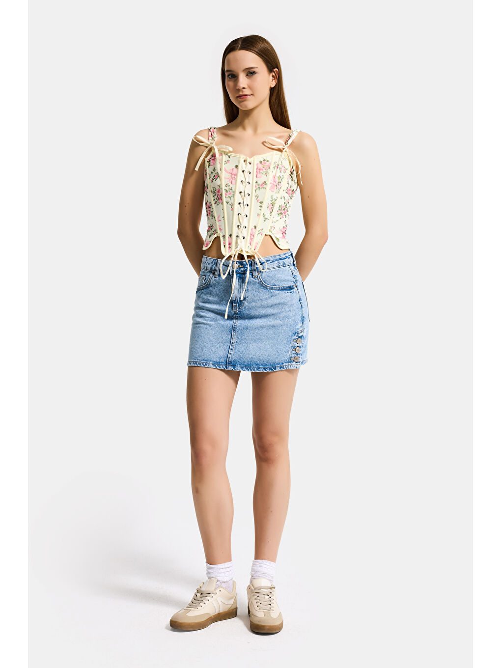 Kadın Sarı Çiçekli w5 Balenli Kuş Gözü Detaylı Özel Desen Tasarım Askılı Büstiyer-4