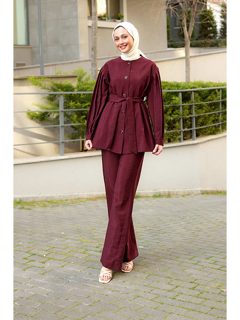 Kadın Pile Detaylı Kuşaklı İkili Takım Bordo-2