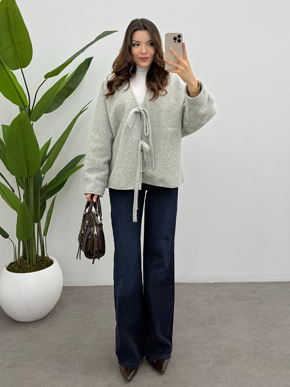 Kadın Buz Gri Bağcık Detaylı İthal Kaşe Ceket-2