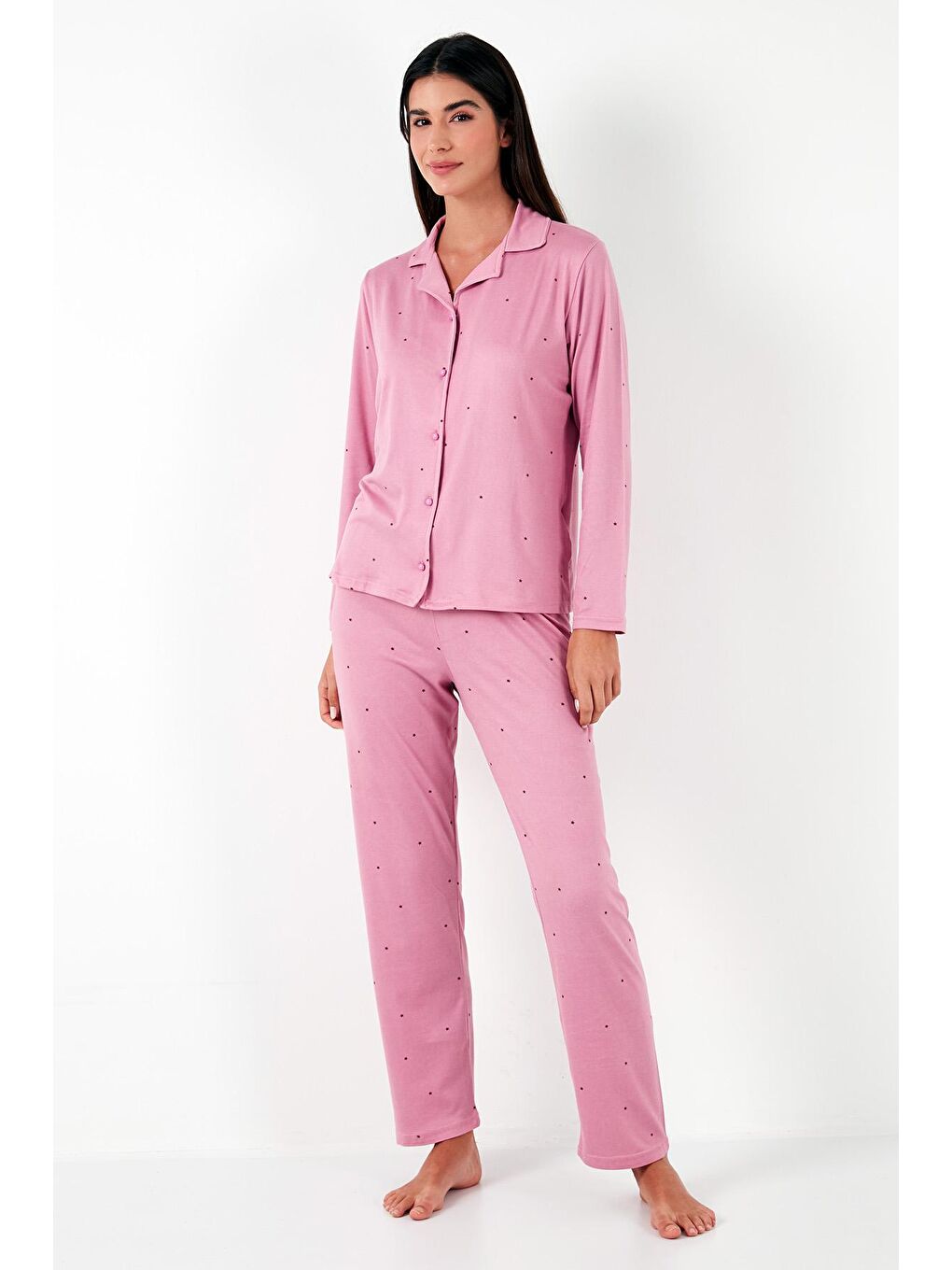 Pembe Regular Fit Gömlek Yaka Uzun Kollu Pijama Takımı 65750701-2
