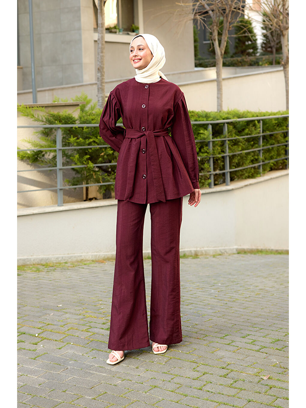 Kadın Pile Detaylı Kuşaklı İkili Takım Bordo-3